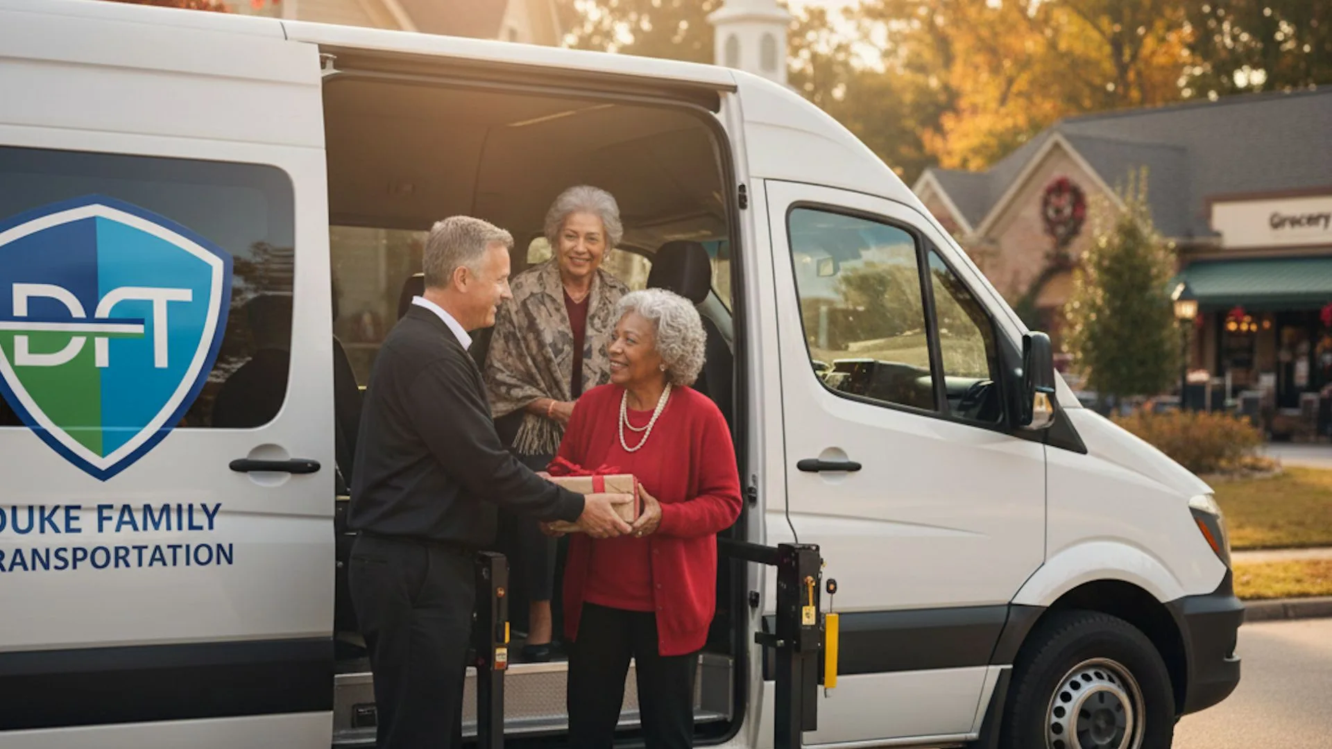 Senior passenger being assisted into accessible vehicle