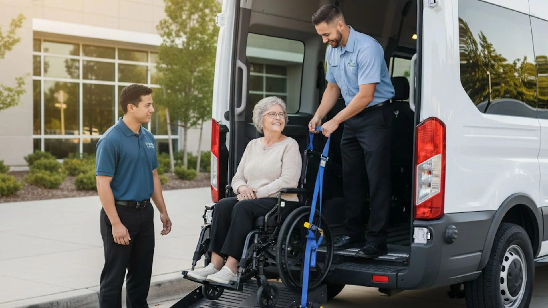 Wheelchair user being assisted with professional ramp into accessible vehicle